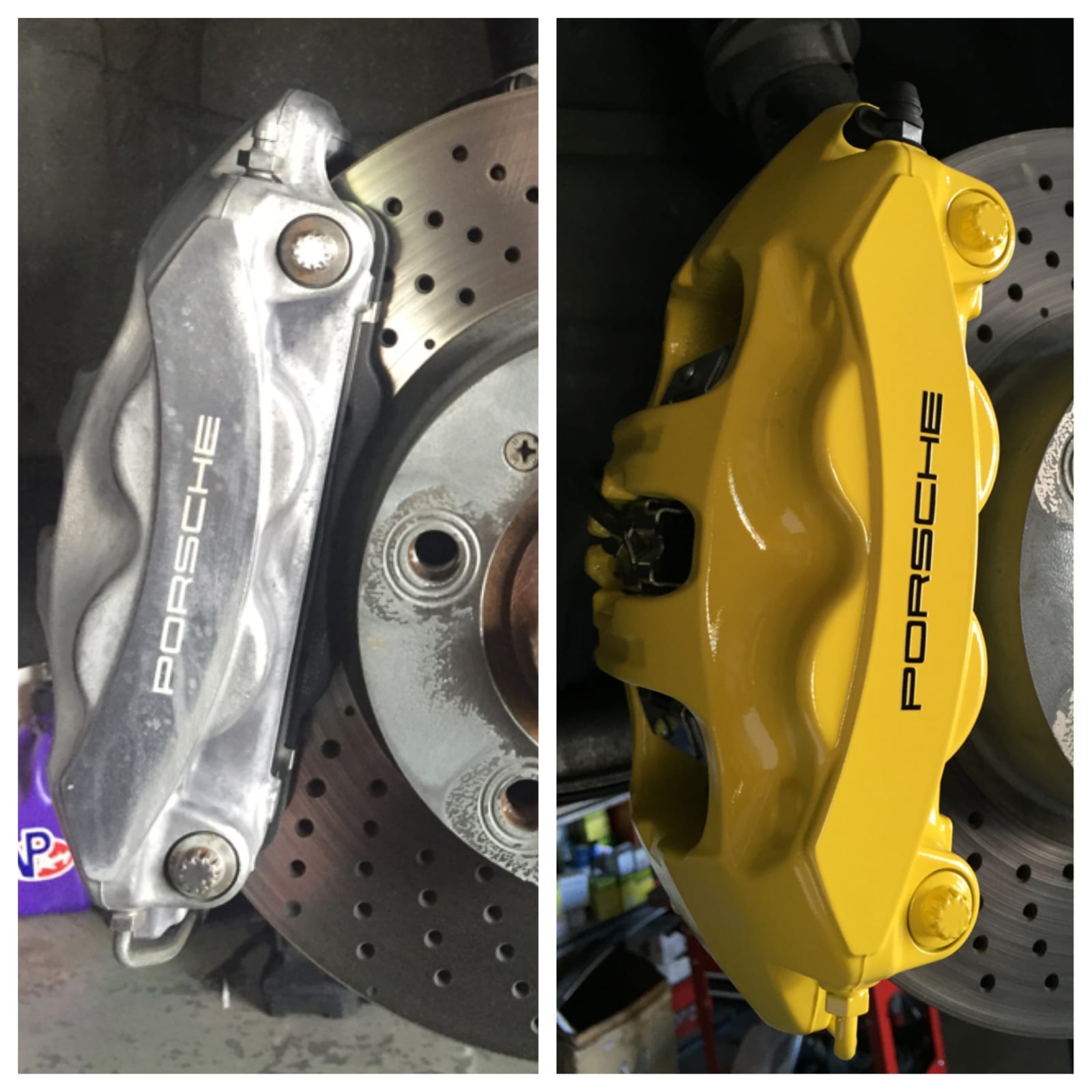 Porsche brake caliper refinished from worn silver to speed yellow at Velocity Factor
