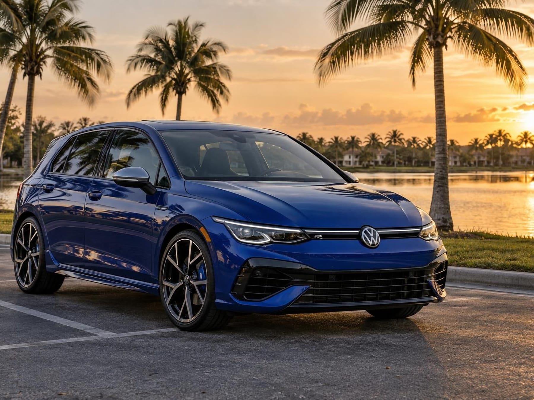 Illustrative image of a Volkswagen Golf R Mk8 hatchback parked lakeside under palm trees for the Velocity Factor Golf build guide