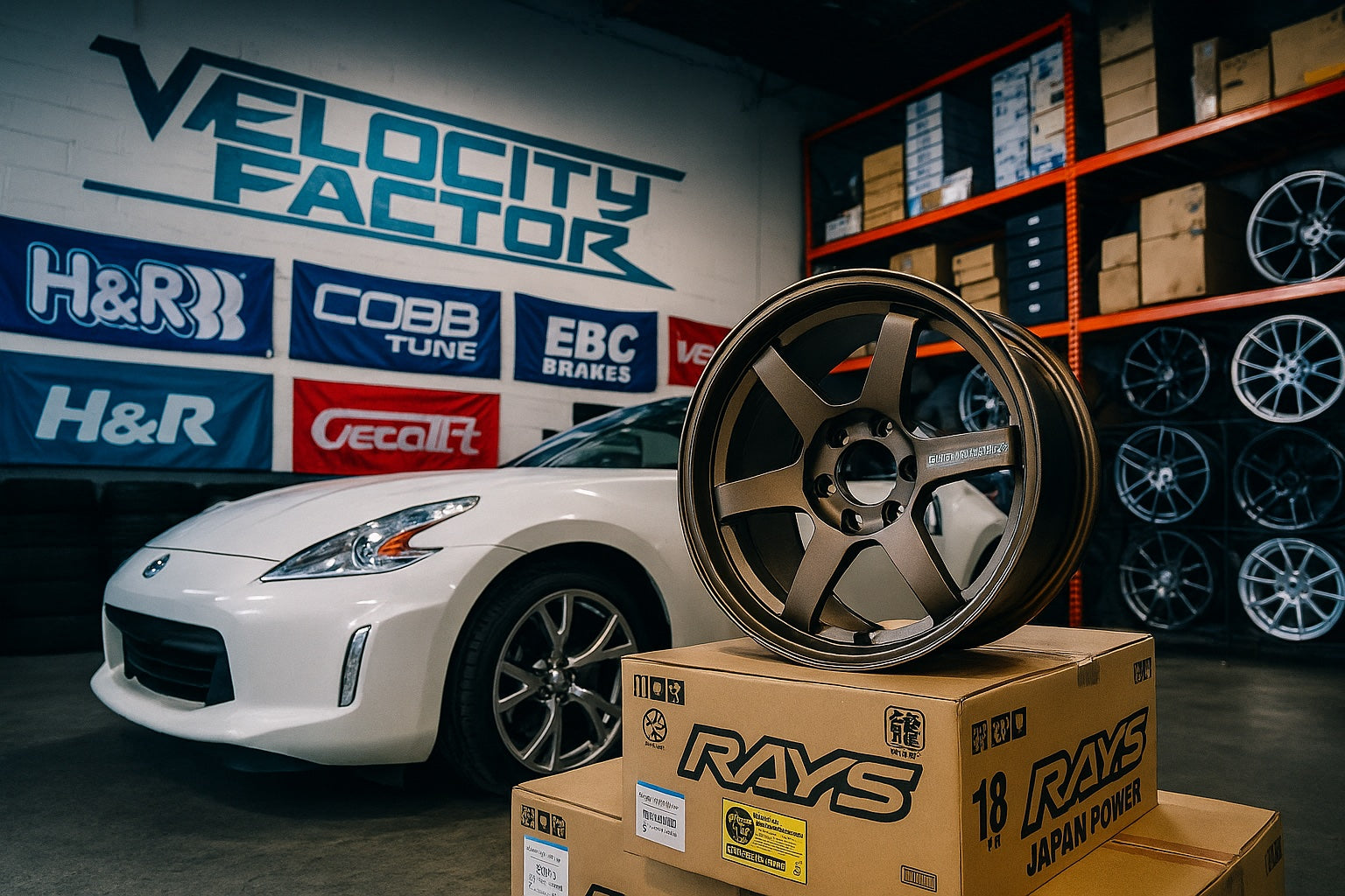 RAYS performance wheel displayed beside a Nissan Z at Velocity Factor