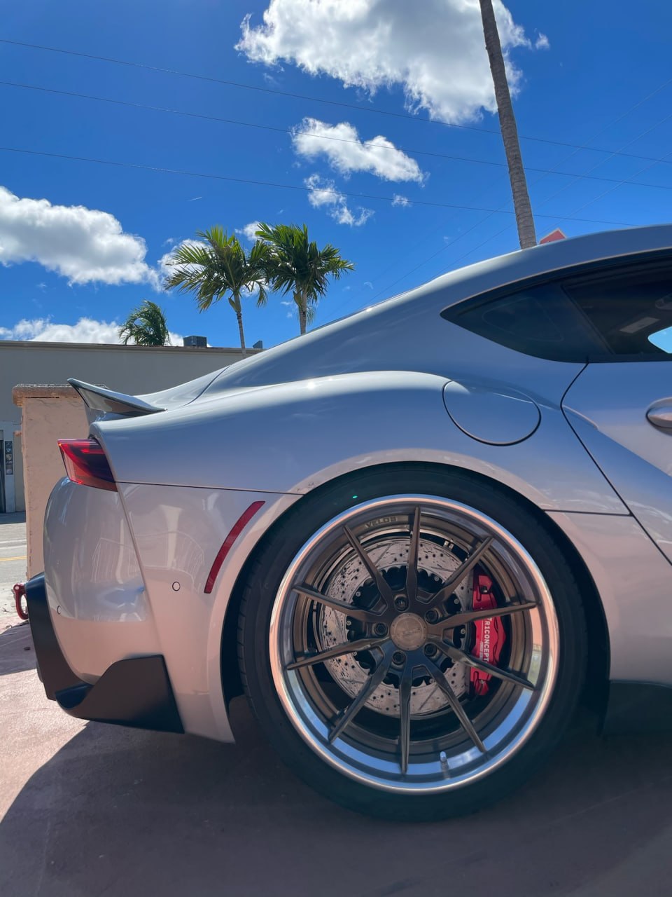 Toyota GR Supra on bronze Velos forged wheels with a red R1 Concepts big brake kit fitted at Velocity Factor