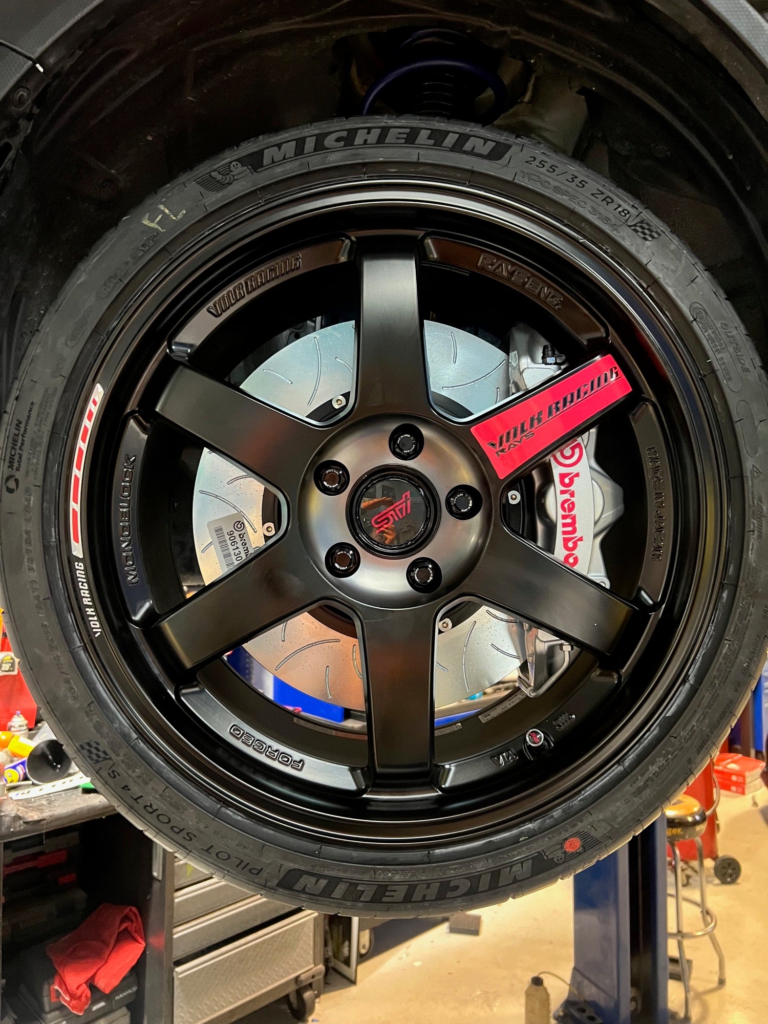 Matte black RAYS Volk Racing TE37 with Michelin Pilot Sport 4S and Brembo brakes mounted at Velocity Factor