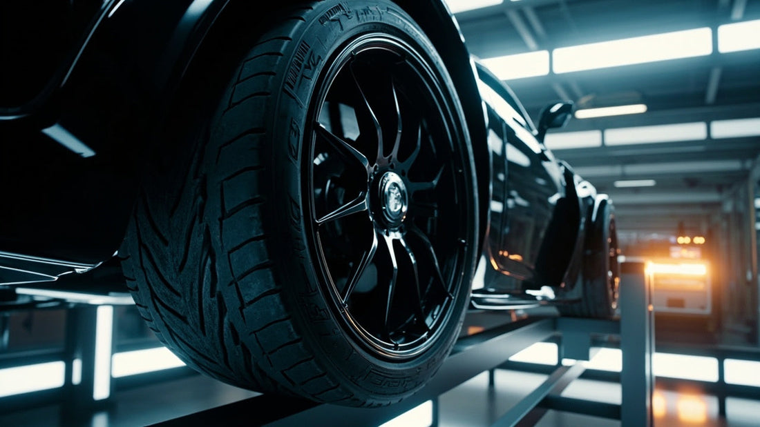 close-up of performance wheels and brake rotors under clean workshop lighting