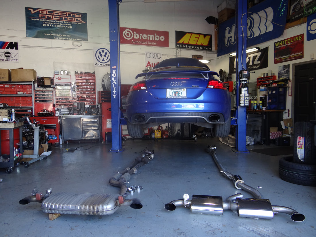 Velocity Factor adds extra Velocity  into 2013 Audi TT RS with an Awesome Scorpion turbo back Exhaust. Stage 2 software and custom made intake with Blitz filter.
