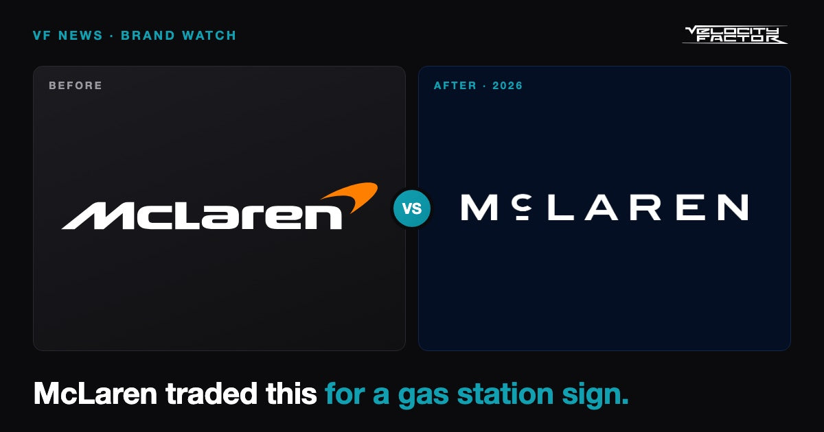 Old McLaren italic wordmark with Speedmark next to the new 2026 McLaren wordmark