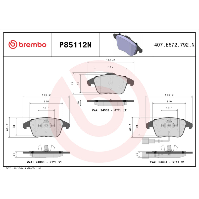 Brembo 2015 Volkswagen Tiguan/CC/Passat/ Audi Q3 Quattro Rear NAO Brake Pad