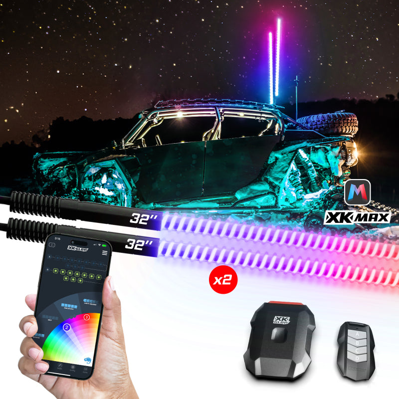 XK Glow 2x32 XKmax RGBW Advanced App Control LED Whip Light Kit for 4x4 Offroad UTV ATV