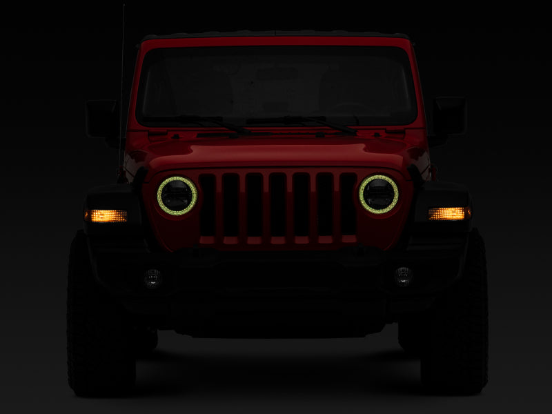 Raxiom 18-22 Jeep Wrangler JL/JT Axial 9-Inch LED Headlights w/RGB Halo- Black Housing (Clear Lens)