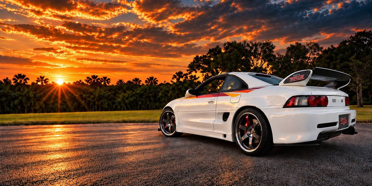 White Toyota MR2 SW20 build with bronze wheels parked at sunset