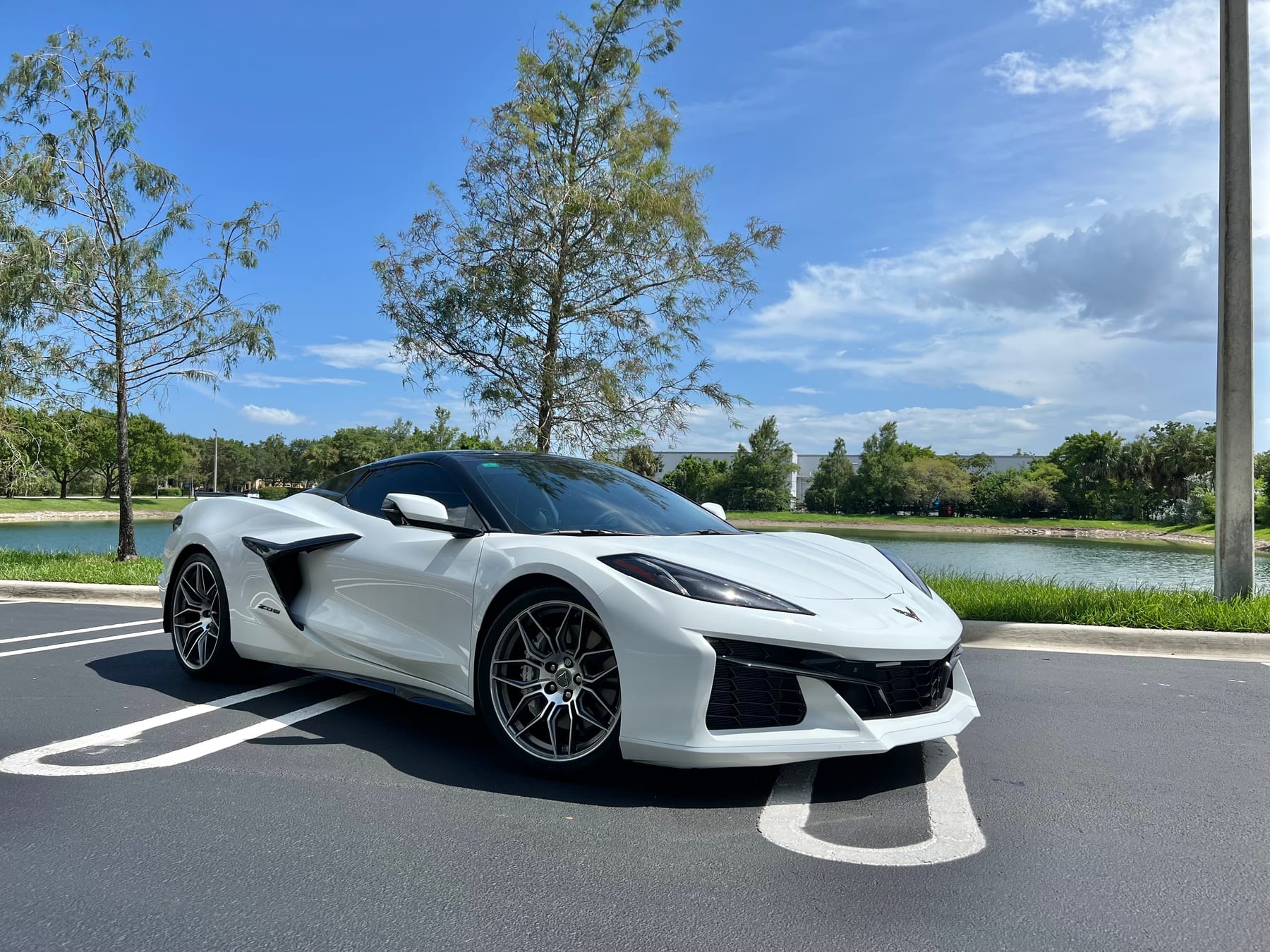 White Chevrolet Corvette C8 Z06 photographed lakeside by Velocity Factor in South Florida