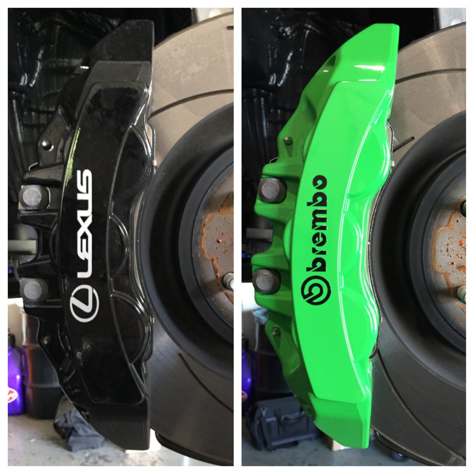 Lexus brake caliper color change from black to bright green with new Brembo lettering at Velocity Factor