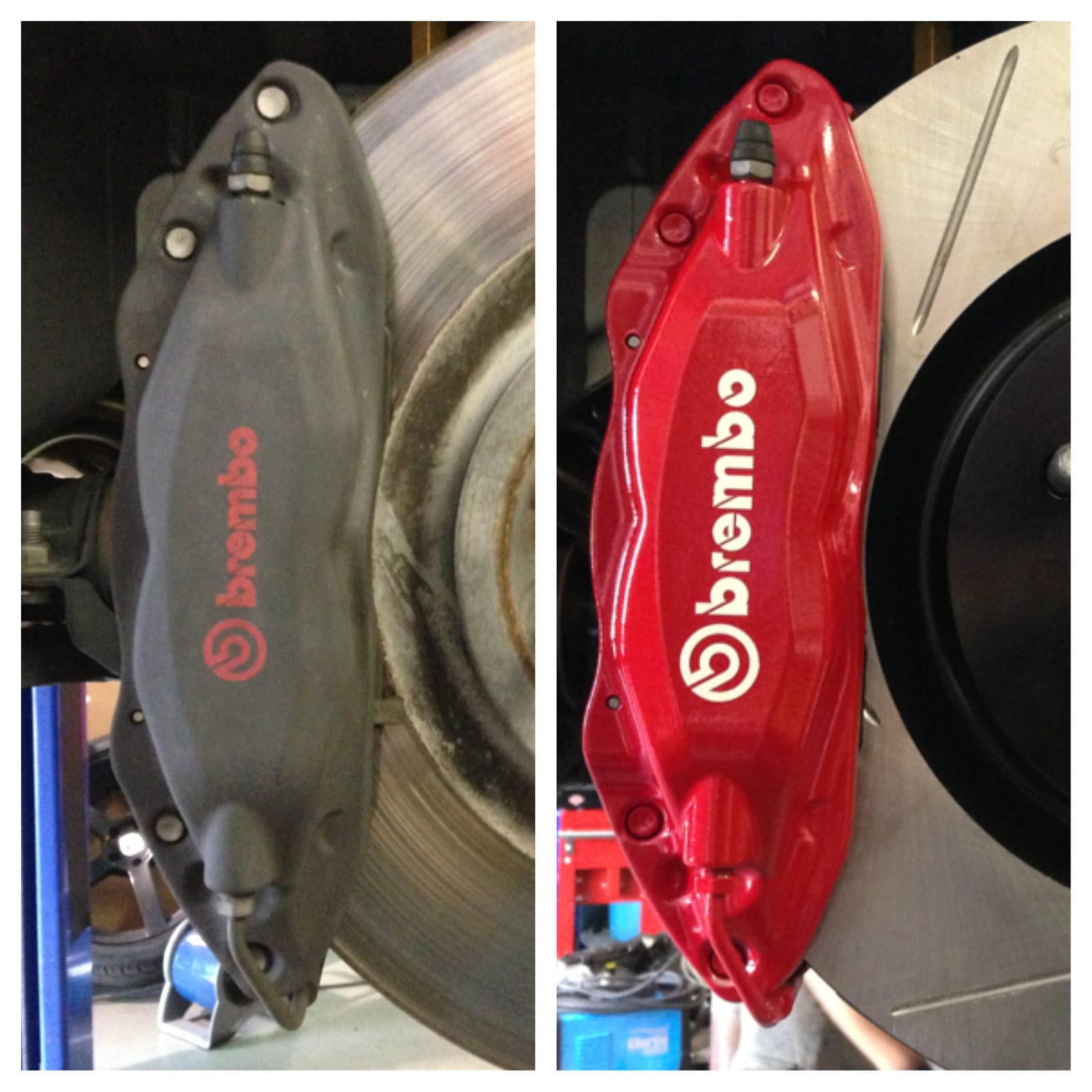 Brembo brake caliper before and after refinishing from faded gray to gloss red at Velocity Factor
