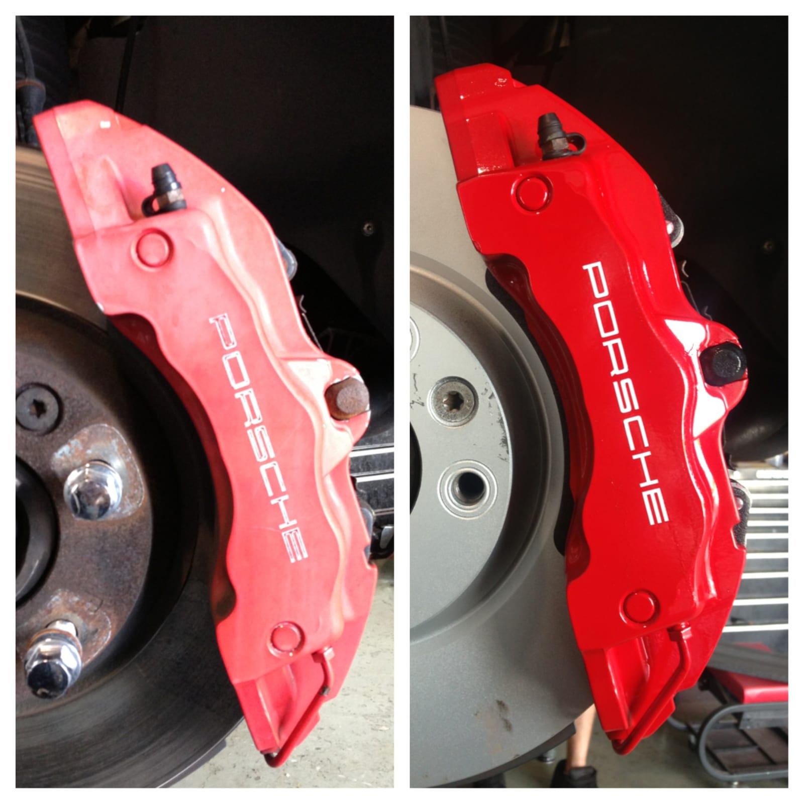 Faded pink Porsche brake caliper restored to factory-fresh gloss red at Velocity Factor