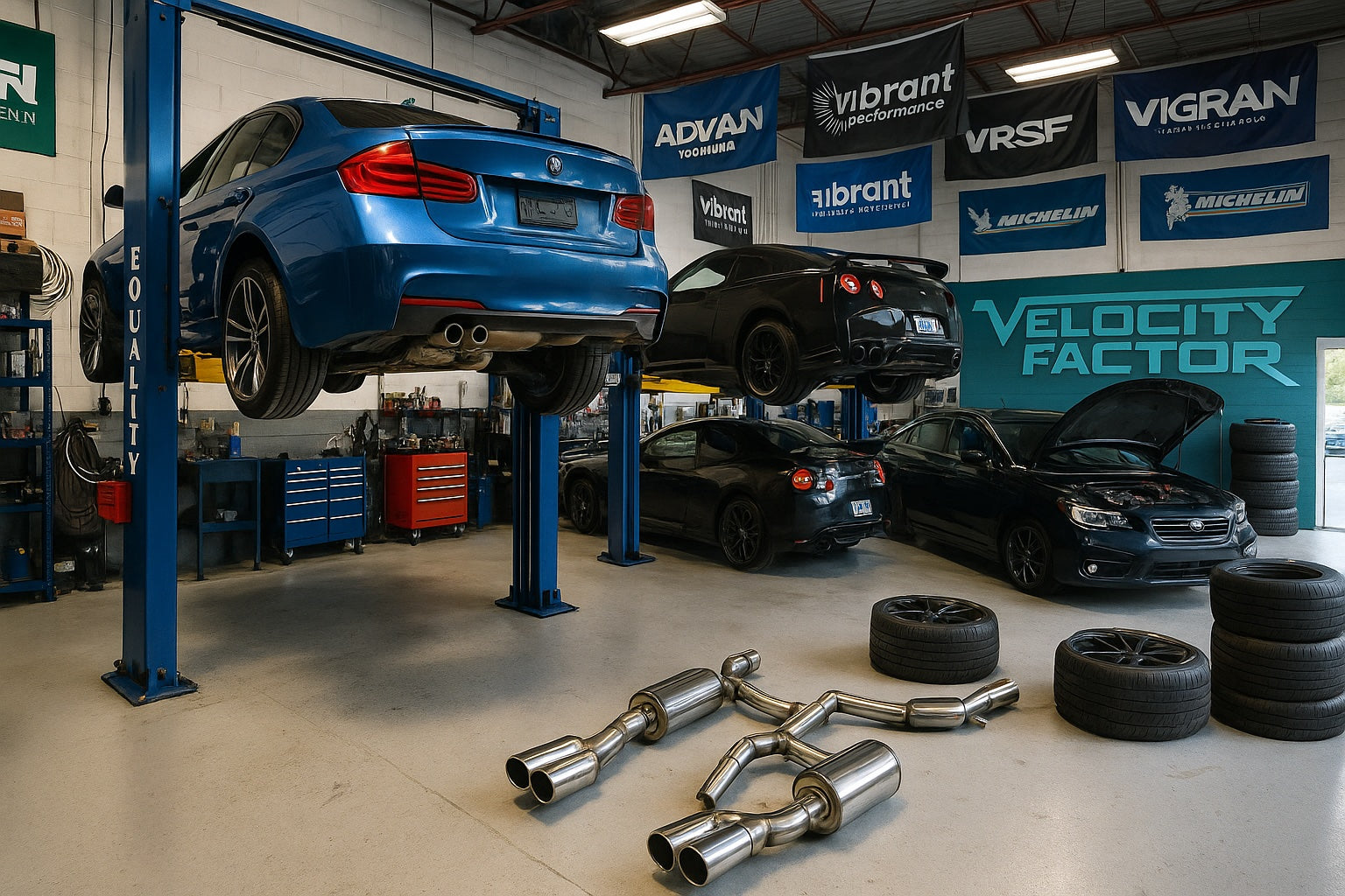 BMW, Nissan GT-R and Subaru performance cars inside the Velocity Factor shop
