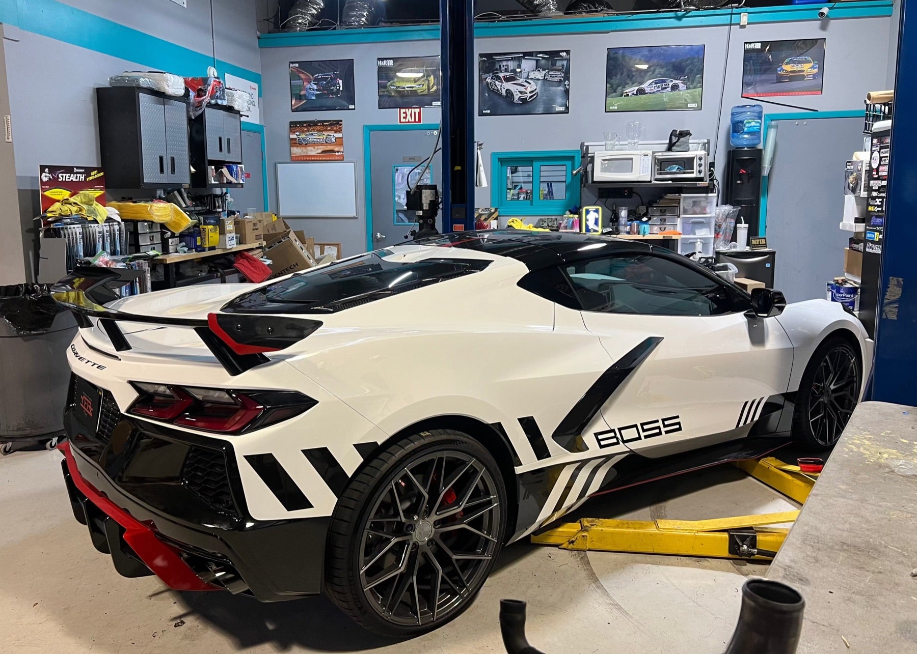 Widebody Chevrolet Corvette performance build inside the Velocity Factor shop in Coral Springs