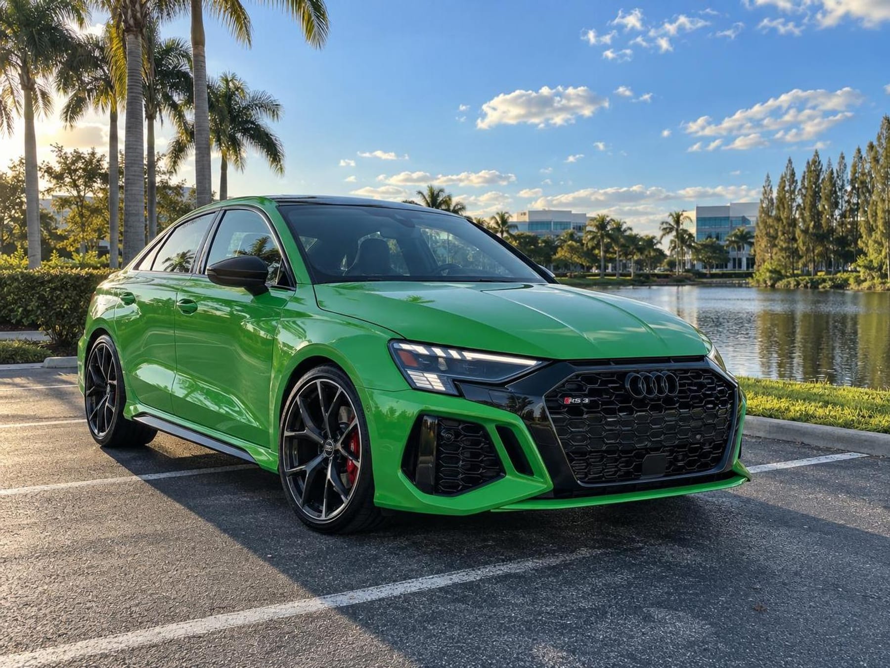 Green Audi RS3 sedan parked lakeside under palm trees, illustrative image for the Velocity Factor RS3 build guide