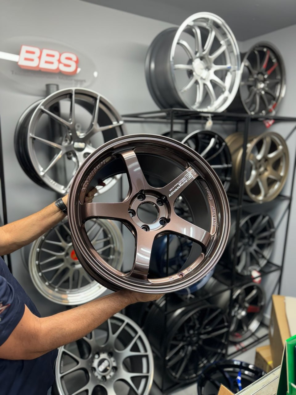 Bronze Advan Racing GT forged wheel on display in the Velocity Factor showroom